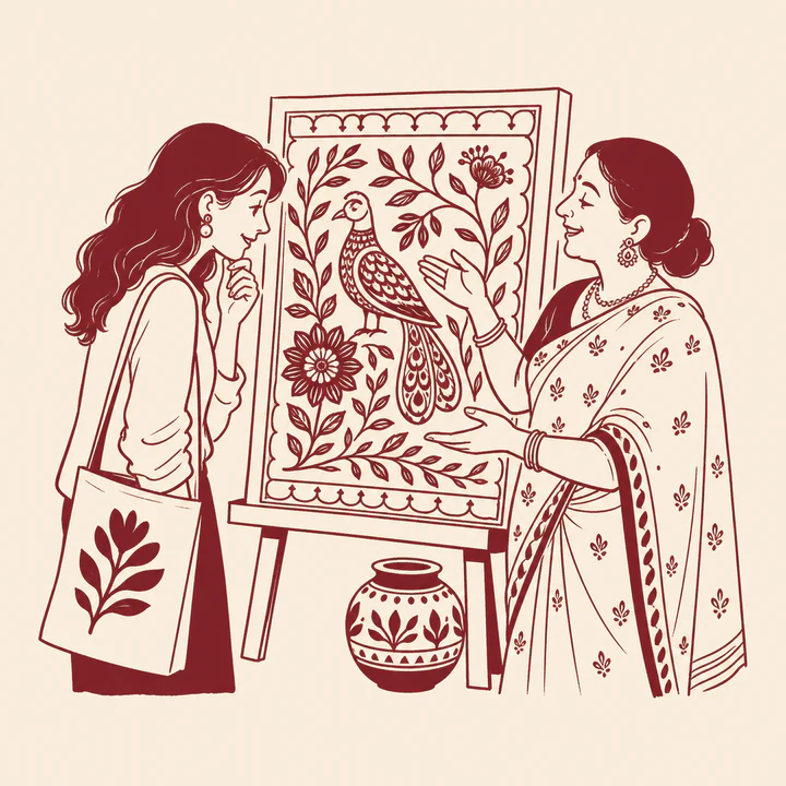 An art lover listening as a maker explains a handmade artwork