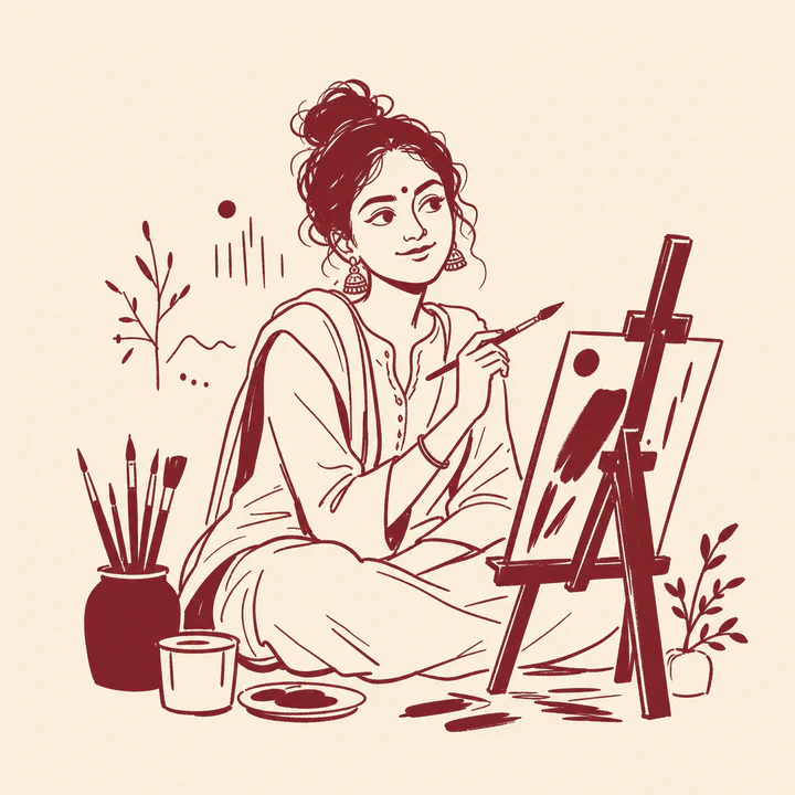 An artist seated beside an easel with a paintbrush in hand