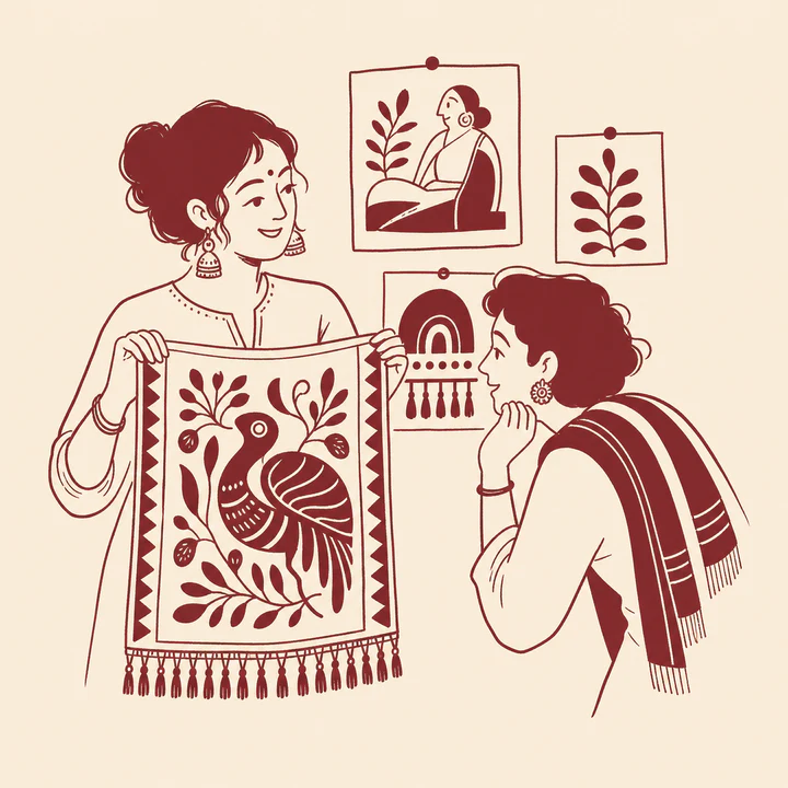 An artist sharing a finished textile with a fellow maker