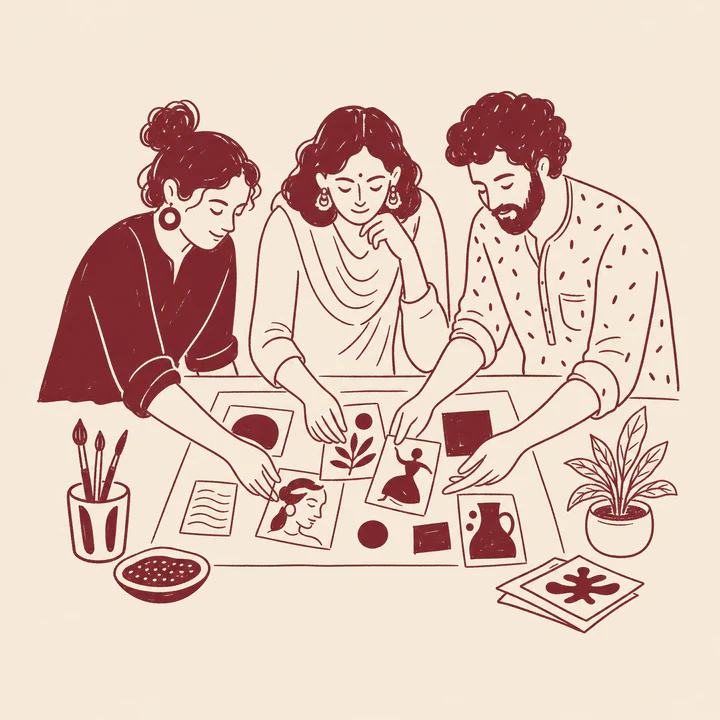 Three collaborators arranging artwork around one shared plan