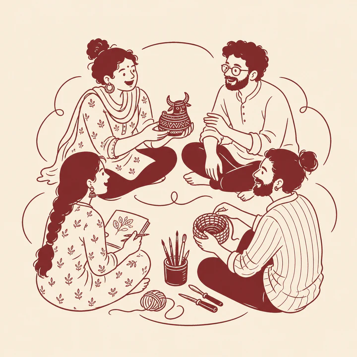 Four makers sitting together and sharing their handmade work