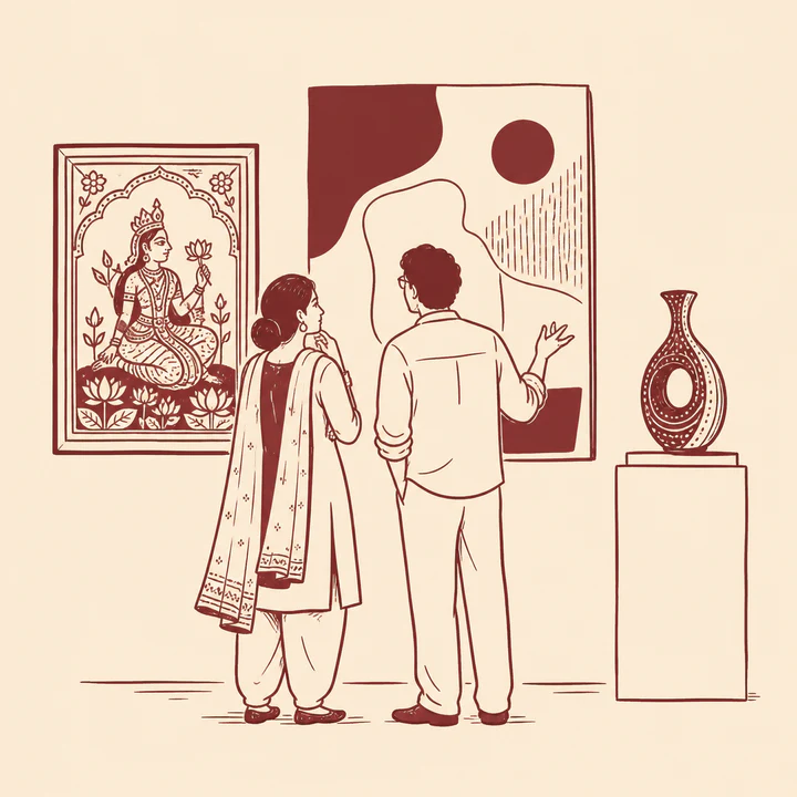 Two visitors viewing traditional, contemporary, and sculptural art together