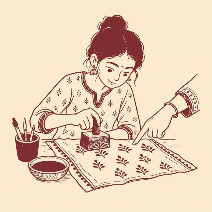 A learner block-printing a textile with a mentor's guidance