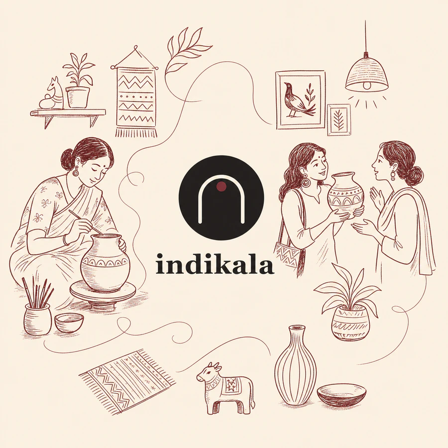 The Indikala logo surrounded by an artist, an art lover, and handmade work