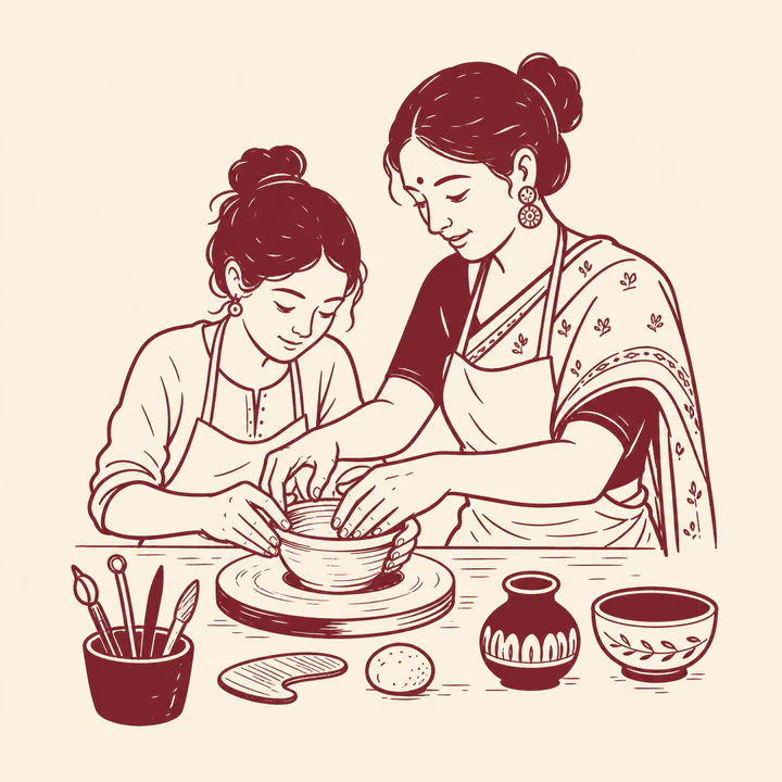 An artist guiding a learner as they shape a clay bowl