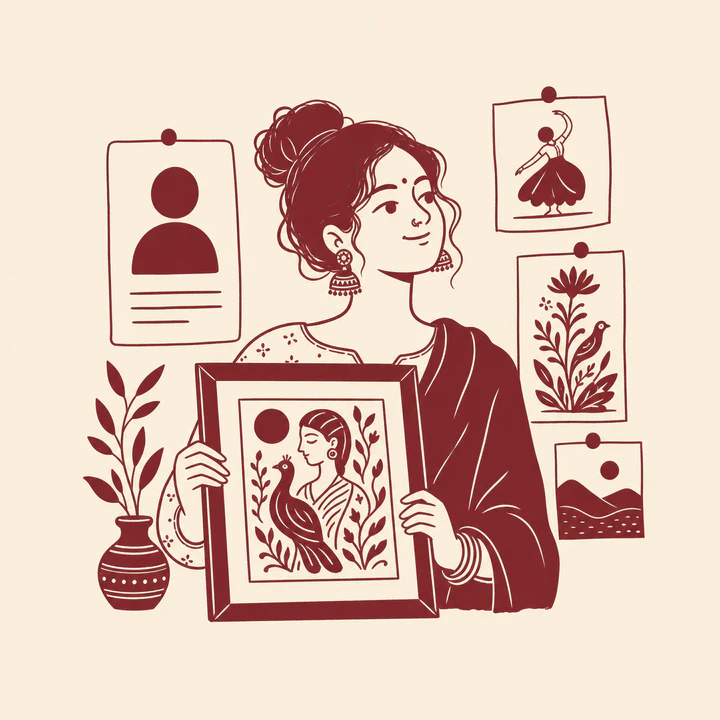 An artist presenting her work beside a profile and a wall of art