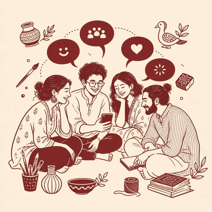 Four makers gathered around a phone and sharing messages