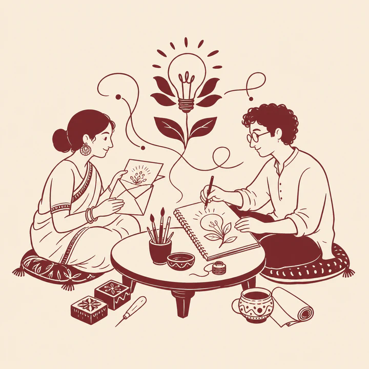 An artist and collaborator exchanging a message and sketching an idea